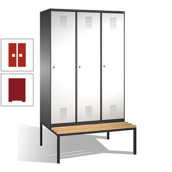 Stahl-Garderobenschrank, Spind, Buche Sitzbank untergebaut, 3 Abteile 400 mm, Korpus rubinrot, Tür feuerrot, 2.090 x 1.200 x 815 mm (HxBxT) RAL 3000 Feuerrot | RAL 3003 Rubinrot