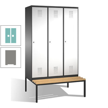 Stahl-Garderobenschrank, Spind, Buche Sitzbank untergebaut, 3 Abteile 400 mm, Korpus graualuminium, Tür Lichtgrün, 2.090 x 1.200 x 815 mm (HxBxT) RAL 6027 Lichtgrün | RAL 9007 Graualuminium