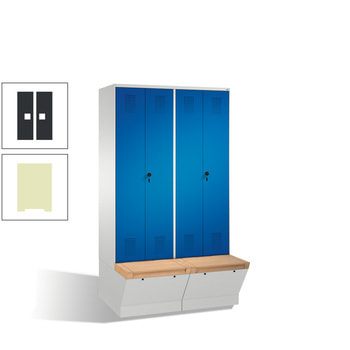 Doppel-Spind, Garderobenschrank, Sitzbank mit Staufach, 4 Abteile a 300 mm, Korpus Pastellgrün, Türen schwarzgrau, 2.090 x 1.200 x 815 mm (HxBxT) RAL 7021 Schwarzgrau | RDS 1109020 Pastellgrün