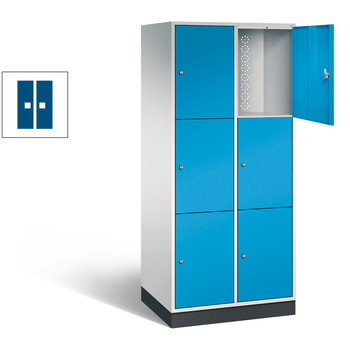 Spindschrank mit Sockel, Schulspind, 2 Abteile, 6 Fächer, 1.950 x 820 x 600 mm, Korpus graualuminium, Tür enzianblau RAL 5010 Enzianblau