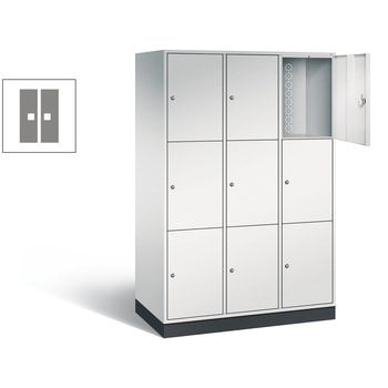 Spindschrank mit Sockel, Schulspind, 3 Abteile, 9 Fächer, 1.950 x 1.220 x 600 mm, Korpus anthrazitgrau, Tür graualuminium RAL 9007 Graualuminium