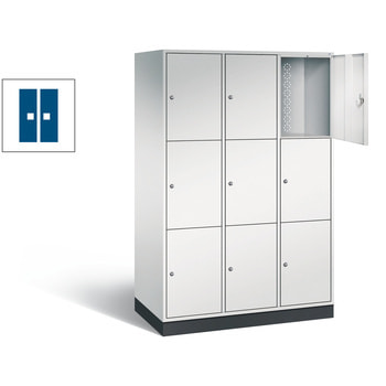 Spindschrank mit Sockel, Schulspind, 3 Abteile, 9 Fächer, 1.950 x 1.220 x 600 mm, Korpus weißaluminium, Tür enzianblau RAL 5010 Enzianblau