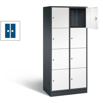 Spindschrank mit Sockel, Schulspind, 2 Abteile, 8 Fächer, 1.950 x 820 x 500 mm, Korpus graualuminium, Tür enzianblau RAL 5010 Enzianblau