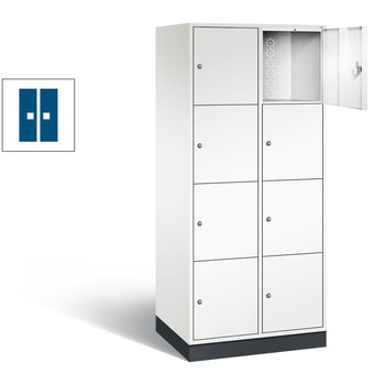 Spindschrank mit Sockel, Schulspind, 2 Abteile, 8 Fächer, 1.950 x 820 x 600 mm, Korpus graualuminium, Tür enzianblau RAL 5010 Enzianblau