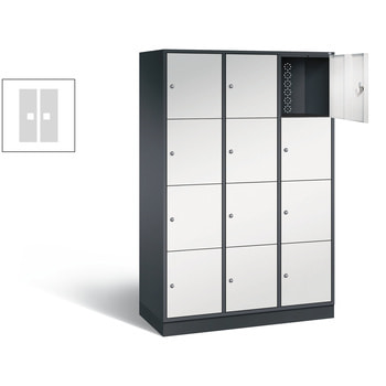 Spindschrank mit Sockel, Schulspind, 3 Abteile, 12 Fächer, 1.950 x 1.220 x 500 mm, Korpus lichtgrau, Tür lichtgrau RAL 7035 Lichtgrau