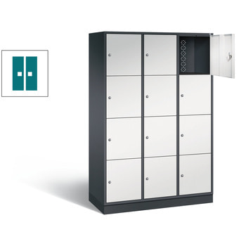 Spindschrank mit Sockel, Schulspind, 3 Abteile, 12 Fächer, 1.950 x 1.220 x 500 mm, Korpus graualuminium, Tür Wasserblau RAL 5021 Wasserblau