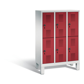 Schließfachschrank für Kindergärten, Fächerschrank, 3 Abteile, 6 Fächer, Füße, 1.350 x 900 x 300 mm (HxBxT), Korpus Pastellgrün, Tür anthrazitgrau RAL 7016 Anthrazitgrau