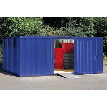 Container, Lagercontainer, Materialcontainer, Baucontainer, Gerätehaus, vormontiert, 2.150 x 3.050 x 4.340 mm (HxBxT), Holzfußboden, Farbe enzianblau 