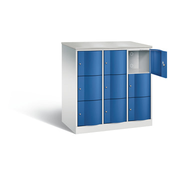 Schließfachschrank mit Abdeckplatte, Fächerschrank, 3 Abteile, 9 Fächer, 1.250 x 1.150 x 640 mm (HxBxT), Korpus Wasserblau 