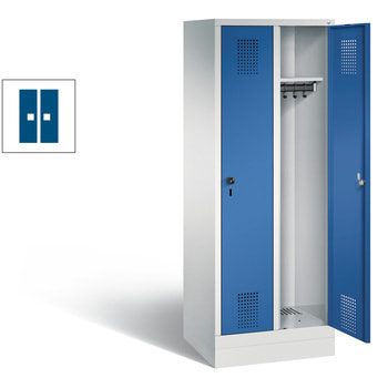 Schließfachschrank für Grundschulen, Fächerschrank, 2 Abteile, Sockel, 1.600 x 610 x 500 mm (HxBxT), Korpus Schwefelgelb, Tür enzianblau RAL 5010 Enzianblau