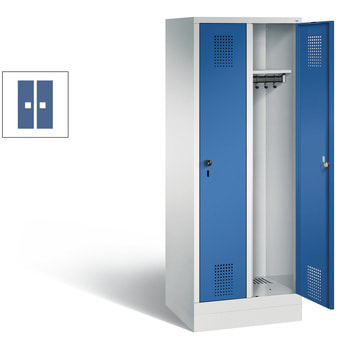 Schließfachschrank für Grundschulen, Fächerschrank, 2 Abteile, Sockel, 1.600 x 610 x 500 mm (HxBxT), Korpus lichtblau, Tür Fernblau RAL 5023 Fernblau