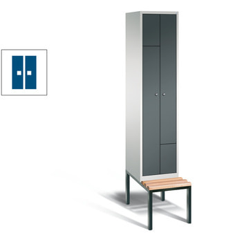 Z-Garderobenspind mit Sitzbank, Falttürmechanismus, 2 Personen, 2.090 x 420 x 825 mm (HxBxT), Korpus graualuminium, Tür enzianblau RAL 5010 Enzianblau