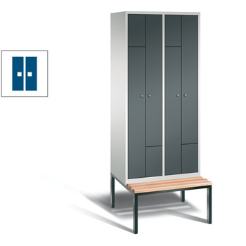 Z-Garderobenspind mit Sitzbank, Falttürmechanismus, 4 Personen, 2.090 x 820 x 825 mm (HxBxT), Korpus Pastellgelb, Tür enzianblau RAL 5010 Enzianblau