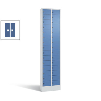 Kleingefachschrank, Schließfachschrank, mit Sockel, 30 Fächer, 1.950 x 460 x 200 mm (HxBxT), Korpus Sonnengelb, Tür Fernblau RAL 5023 Fernblau