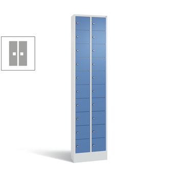 Kleingefachschrank, Schließfachschrank, mit Sockel, 20 Fächer, 1.950 x 460 x 200 mm (HxBxT), Korpus Fernblau, Tür weißaluminium RAL 9006 Weißaluminium