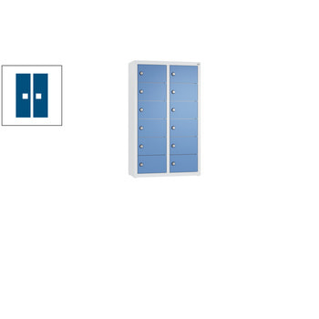 Kleingefachschrank, Schließfachschrank, wandhängend, 12 Fächer, 770 x 460 x 200 mm (HxBxT), Korpus Stahlgrau, Tür enzianblau RAL 5010 Enzianblau