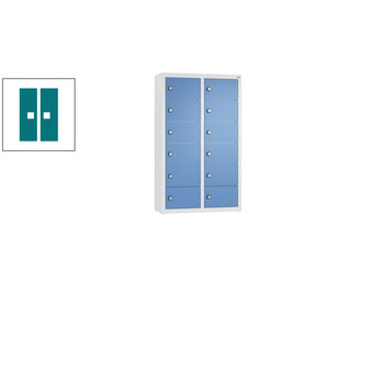 Kleingefachschrank, Schließfachschrank, wandhängend, 12 Fächer, 770 x 460 x 200 mm (HxBxT), Korpus Stahlgrau, Tür Wasserblau RAL 5021 Wasserblau