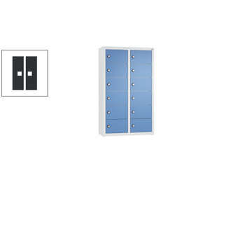 Kleingefachschrank, Schließfachschrank, wandhängend, 12 Fächer, 770 x 460 x 200 mm (HxBxT), Korpus Stahlgrau, Tür schwarzgrau RAL 7021 Schwarzgrau