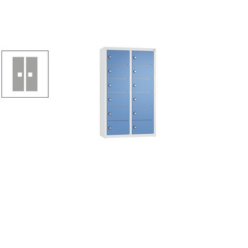 Kleingefachschrank, Schließfachschrank, wandhängend, 12 Fächer, 770 x 460 x 200 mm (HxBxT), Korpus Lapisblau, Tür weißaluminium RAL 9006 Weißaluminium