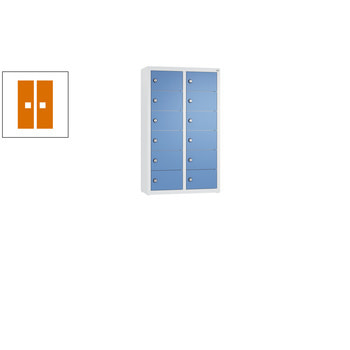 Kleingefachschrank, Schließfachschrank, wandhängend, 12 Fächer, 770 x 460 x 200 mm (HxBxT), Korpus enzianblau, Tür gelborange RAL 2000 Gelborange