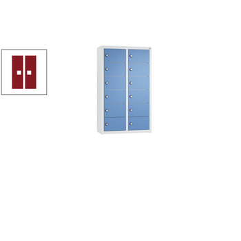 Kleingefachschrank, Schließfachschrank, wandhängend, 12 Fächer, 770 x 460 x 200 mm (HxBxT), Korpus enzianblau, Tür rubinrot RAL 3003 Rubinrot