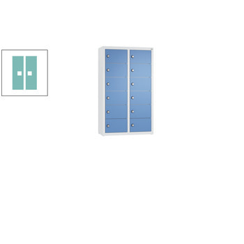 Kleingefachschrank, Schließfachschrank, wandhängend, 12 Fächer, 770 x 460 x 200 mm (HxBxT), Korpus Wasserblau, Tür Lichtgrün RAL 6027 Lichtgrün