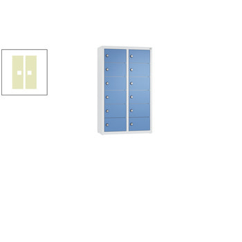 Beispielabbildung zeigt den Schrank in der Korpusfarbe Lichtgrau (RAL 7035) und Frontfarbe Fernblau (RAL 5023). Die hier angebotenen Farben und Art der Tür entnehmen Sie bitte der Artikelbeschreibung.