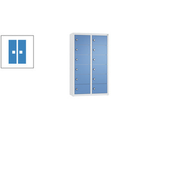 Kleingefachschrank, Schließfachschrank, wandhängend, 12 Fächer, 770 x 460 x 200 mm (HxBxT), Korpus lichtgrau, Tür lichtblau RAL 5012 Lichtblau