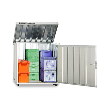 Magazinbox 2 qm mit Einflügeltür, klappbarem Dach und Holzfußboden (abgebildete Boxen und Materialien sind nicht im Lieferumfang enthalten)