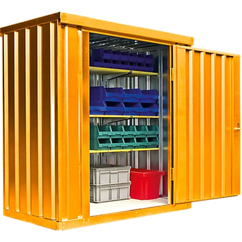 Lagercontainer, Baucontainer, Materialcontainer, Container, Gerätehaus, 2.150 x 2.100 x 1.140 mm (HxBxT), Holzfußboden, montiert, Farbe signalgelb 