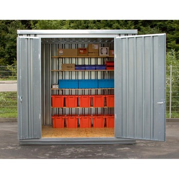 Lagercontainer mit Doppelflügeltür in Seite A, Baucontainer, Container, Gerätehaus, montiert, 2.595 x 3.020 x 2.540 mm (HxBxT), Holzfußboden 