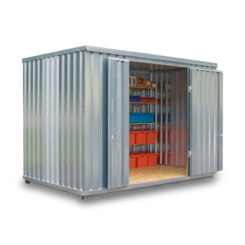 Anwendungsbeispiel als Lagercontainer mit Holzboden und Doppelflügeltür. Die Mehrzweckboxen sowie die Fachebenen sind nicht im Lieferumfang enthalten.
