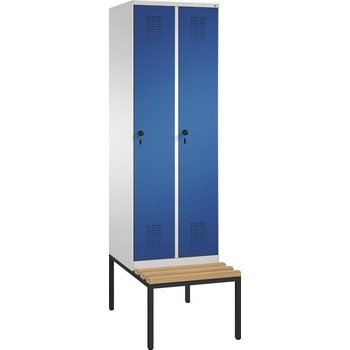 Stahl-Garderobenschrank, Spind, Buche Sitzbank untergebaut, 2 Abteile a 300 mm, Korpus graualuminium, Tür Stahlgrau, 2.090 x 600 x 815 mm (HxBxT) RAL 0005000 Stahlgrau | RAL 9007 Graualuminium