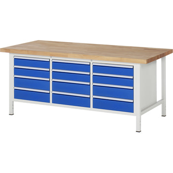 Werkbank mit 12 Schubladen - Teilauszug - 180:4 - 840 x 2.000 x 900 mm (HxBxT) - Traglast 1.250 kg - Buche Teilauszug | 900 mm