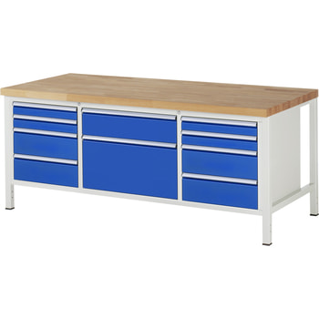 Werkbank mit 10 Schubladen - Teilauszug - 120:4 / 150:4 / 180:1 / 360:1 - 840 x 2.000 x 900 mm (HxBxT) - Traglast 1.250 kg - Buche Teilauszug | 900 mm