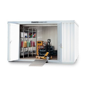 Isolierter Lagercontainer - Materialcontainer- 2.465 x 3.050 x 4.340 (HxBxT) - mit Isolierboden - Einflügeltür, lange Seite - grauweiß Isolierboden