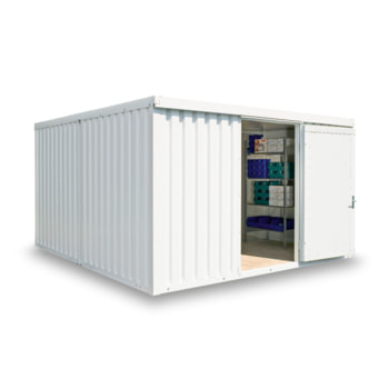 Isolierter Lagercontainer - Materialcontainer - 16 qm - mit Holzfußboden - Doppelflügeltür, asymmetrisch, kurze Seite - grauweiß Holzfußboden