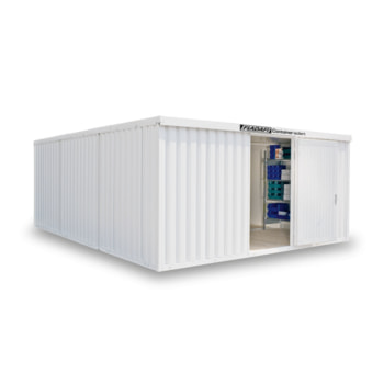 Isolierter Lagercontainer - Materialcontainer - 2.405 x 5.080 x 6.520 (HxBxT) - mit Holzfußboden - Doppelflügeltür, lange Seite - grauweiß Holzfußboden