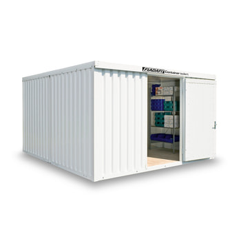 Isolierter Lagercontainer - Materialcontainer - 4.050 x 4.340 (BxT) - Doppelflügeltür, asymmetrisch, lange Seite - grauweiß 