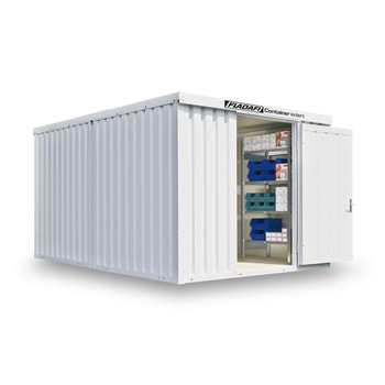 Isolierter Lagercontainer - Materialcontainer - 3.050 x 4.340 (BxT) - mit Holz- oder Isolierboden - Doppelflügeltür asymm., lange Seite - grauweiß 