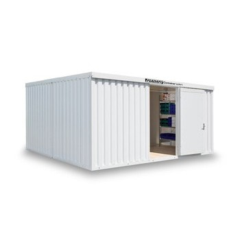 Isolierter Lagercontainer 20 qm mit Holzboden (Hier in der Variante Einflügeltür an der kurzen Seite)