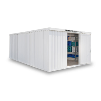 Isolierter Lagercontainer - Materialcontainer - 4.050 x 6.520 (BxT) - mit Holz- oder Isolierboden - Einflügeltür, kurze Seite - grauweiß 
