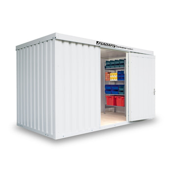 Isolierter Lagercontainer - Materialcontainer - 4.050 x 2.170 mm (BxT) - mit Holzfußboden - Doppelflügeltür, kurze Seite - grauweiß Holzfußboden