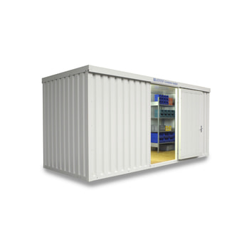 Isolierter Lagercontainer - Materialcontainer - 5.080 x 2.170 (BxT) - mit Holzfußboden - Einflügeltür, kurze Seite - grauweiß Holzfußboden