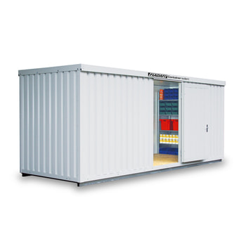 Isolierter Lagercontainer - Materialcontainer - 6.080 x 2.170 (BxT) - mit Holzfußboden - Einflügeltür, lange Seite - grauweiß Holzfußboden