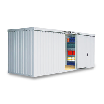 Isolierter Lagercontainer - Materialcontainer - 6.080 x 2.170 (BxT) - mit Holzfußboden - Einflügeltür, kurze Seite - grauweiß Holzfußboden