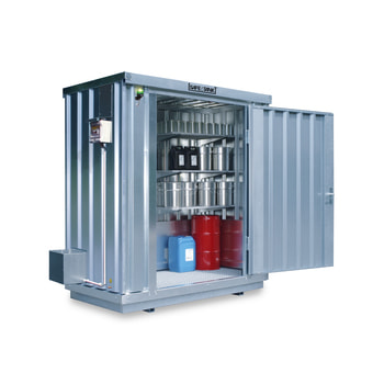 Gefahrstoffcontainer 2 qm mit Sensorlüfter und Einflügeltür (abgebildete Einrichtung und Gebinde sind nicht im Lieferumfang enthalten)