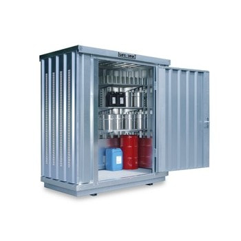Gefahrstoffcontainer 2 qm mit Lüftungsschlitzen und Einflügeltür (abgebildete Einrichtung und Gebinde sind nicht im Lieferumfang enthalten)