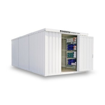 Isolierter Lagercontainer - Materialcontainer - 2.405 x 3.050 x 6.520 (HxBxT) - mit Holzboden - Doppelflügeltür, kurze Seite - grauweiß Holzfußboden