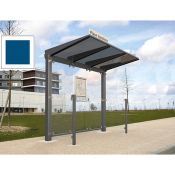 Buswartehalle, Unterstand, ESG, 2 Seitenverkleidungen, Fahrplankasten, Haltestellenschild, Farbe enzianblau, 2.390 x 2.500 x 1.500 mm (HxBxT) RAL 5010 Enzianblau